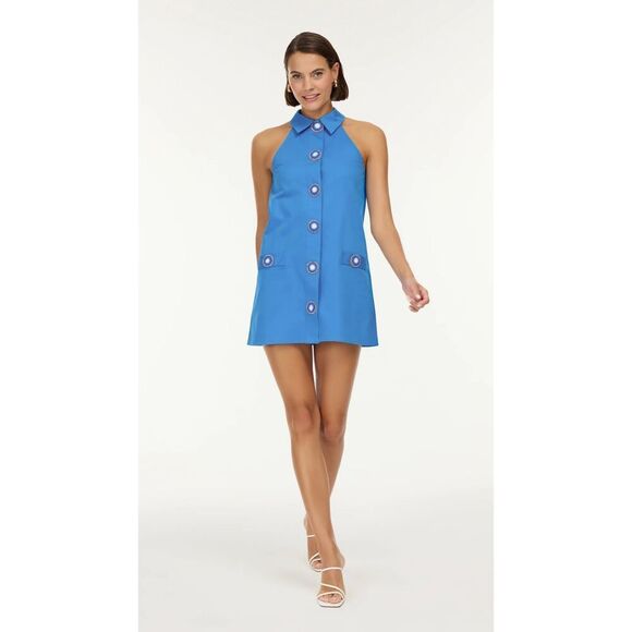 NWT My Beachy Side Amber Hand Crochet Buttons Halter Mini Dress in Blue Medium - Picture 2 of 16